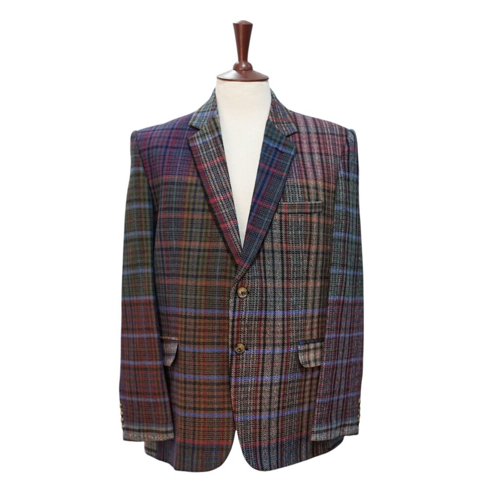 Mens Wool Sport Coat 44R Multicolor Tartan Plaid Blazer 2 Button Wedding Party